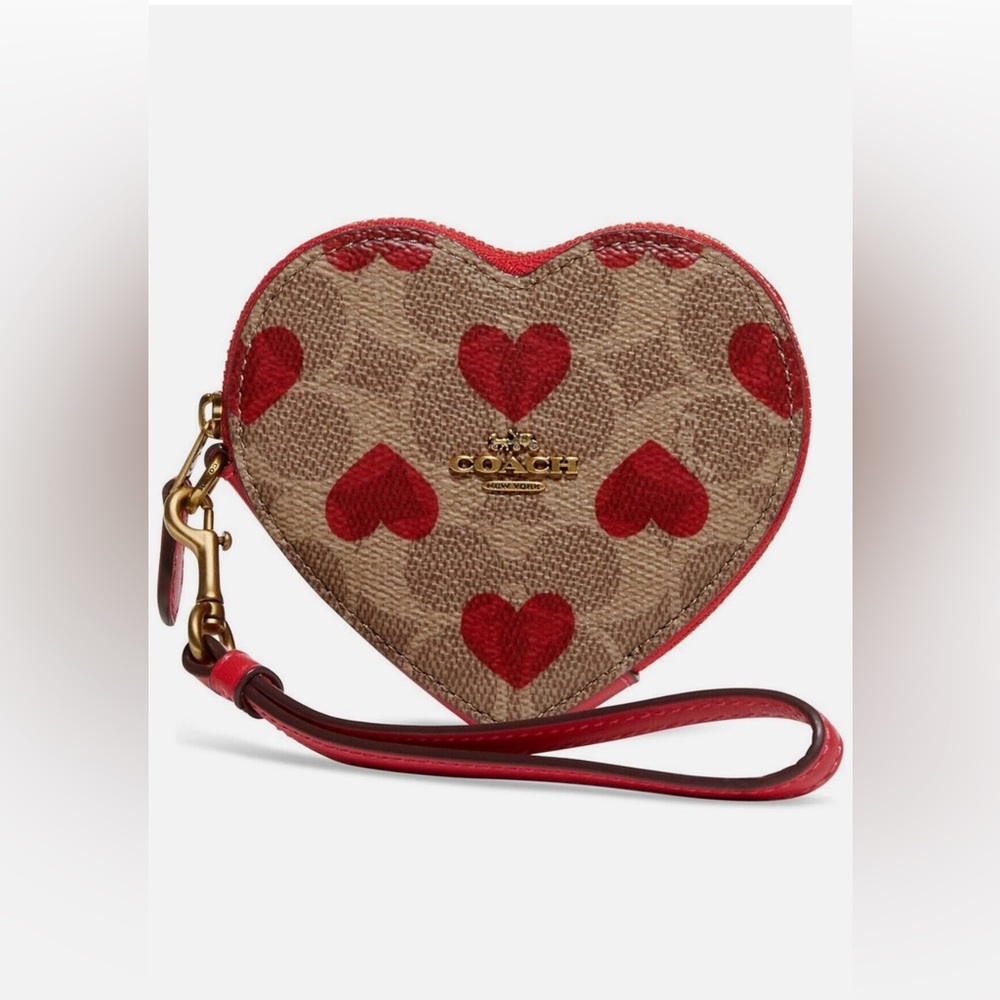 Coach Heart Coin Case Wristlet in Signature Canvas Tan/Red Apple❤️